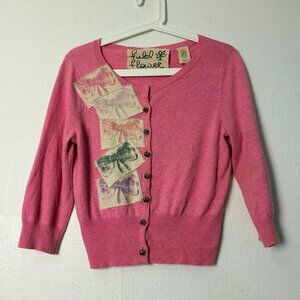 Anthropologie Field Flower Tickled Pink Bow Patch Medium Angora CashmereCardigan